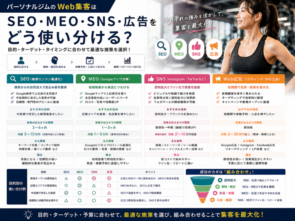 パーソナルジムのWeb集客でSEO・MEO・SNS・Web広告を目的別に使い分ける方法