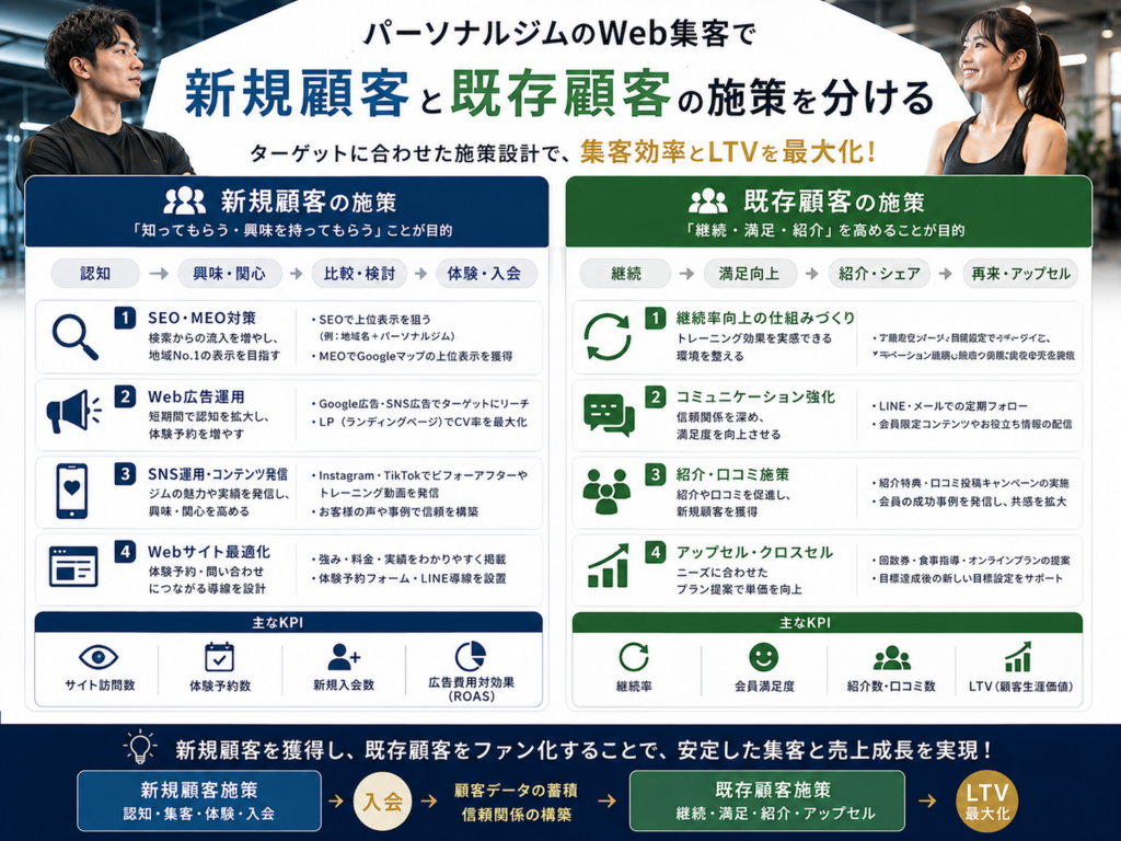 パーソナルジムのWeb集客で新規顧客と既存顧客の施策を分けて集客・継続率を高める方法