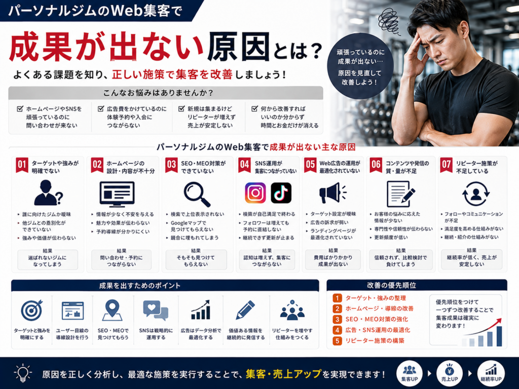 パーソナルジムのWeb集客で成果が出ない原因とSEO・MEO・SNS・Web広告の改善ポイント