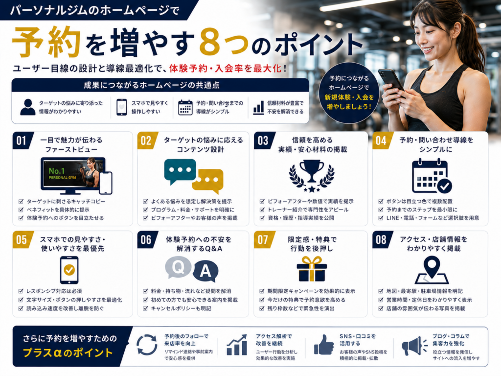 パーソナルジムのホームページで体験予約・問い合わせを増やすための8つのポイント
