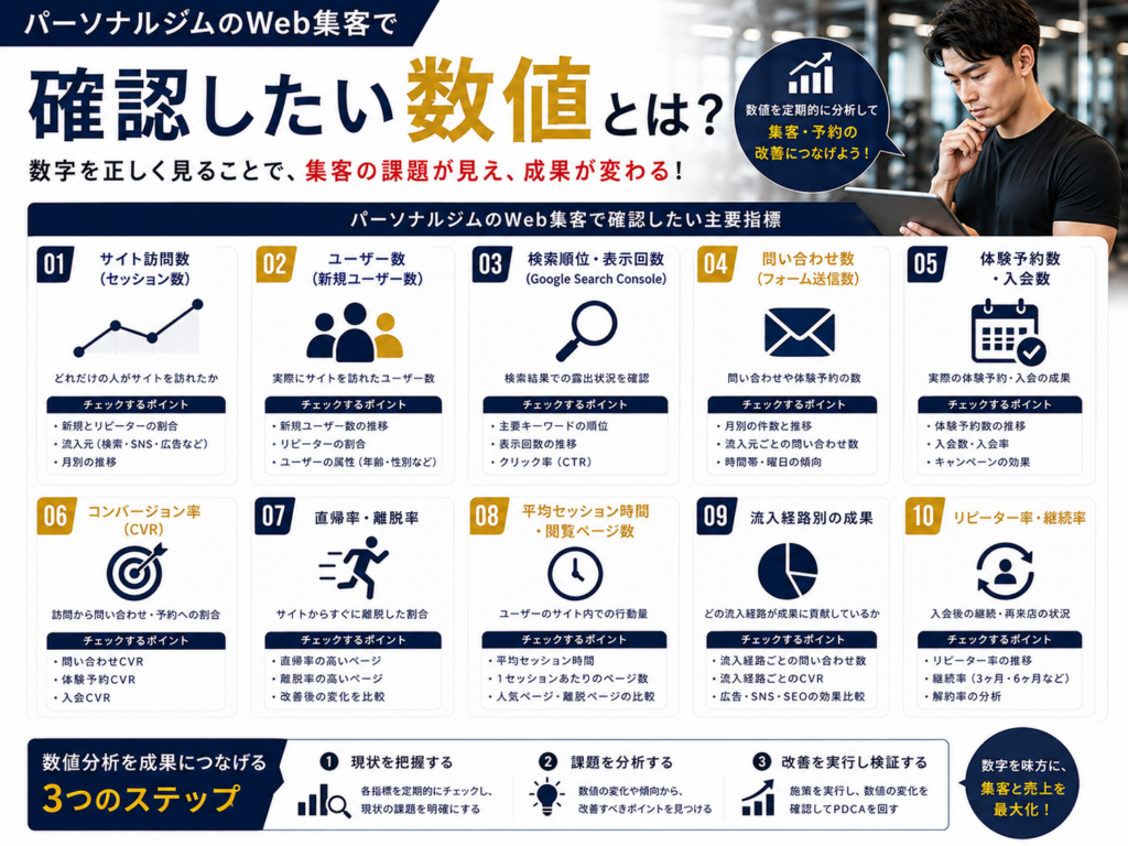 パーソナルジムのWeb集客で確認したいアクセス数・検索順位・問い合わせ数・予約数などの重要指標