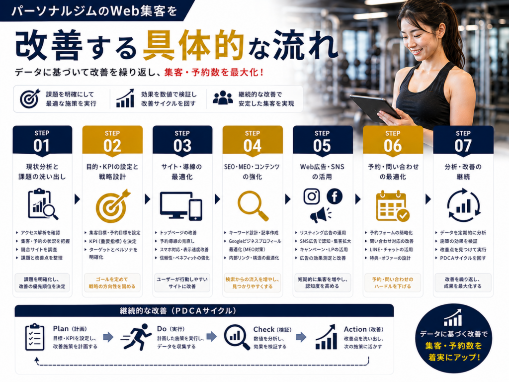 パーソナルジムのWeb集客を改善する具体的な流れとSEO・MEO・広告・SNSの改善方法