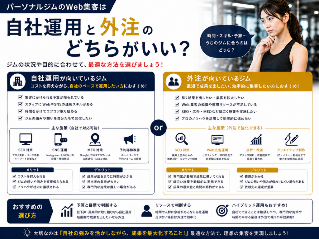 パーソナルジムのWeb集客を自社運用と外注で比較し最適な集客方法を選ぶポイント