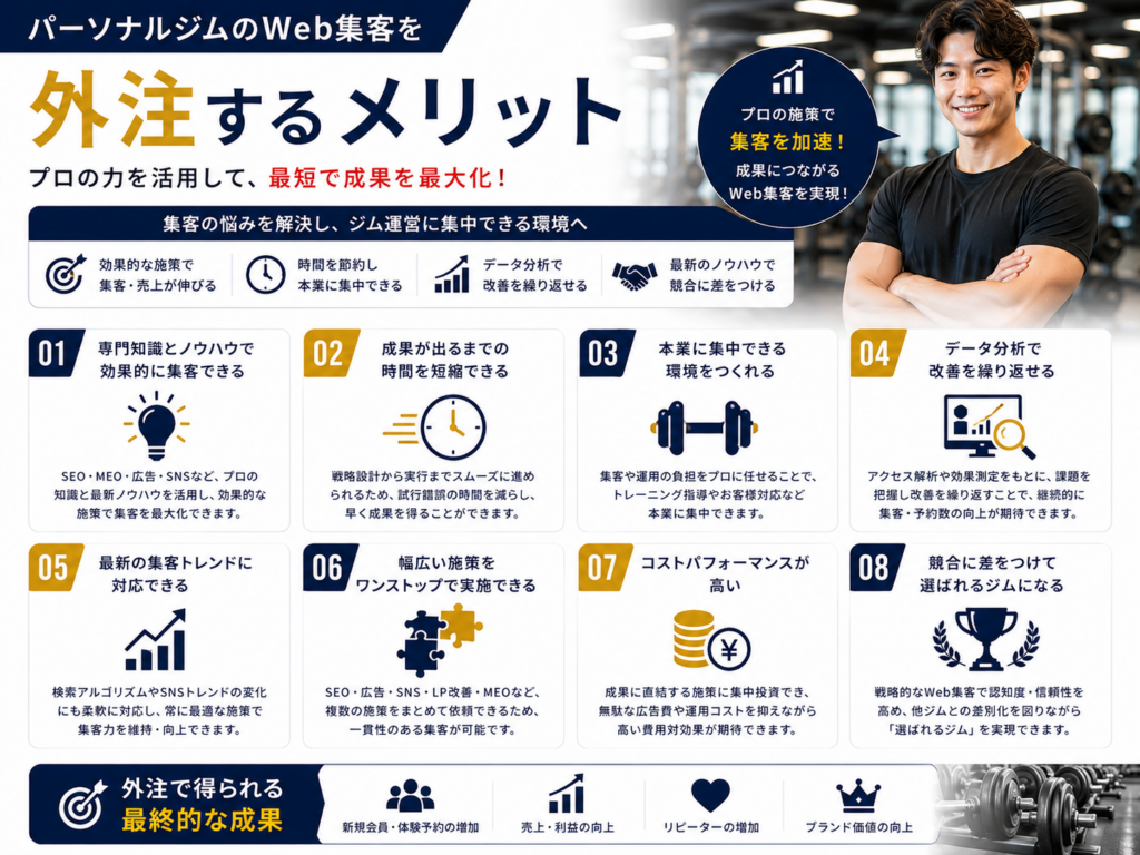 パーソナルジムのWeb集客を外注するメリットとSEO・MEO・広告・SNSで集客成果を高める方法