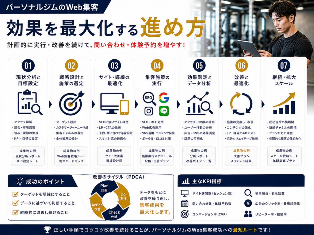 パーソナルジムWeb集客の進め方とSEO・MEO・SNS・広告を活用した集客改善の流れ