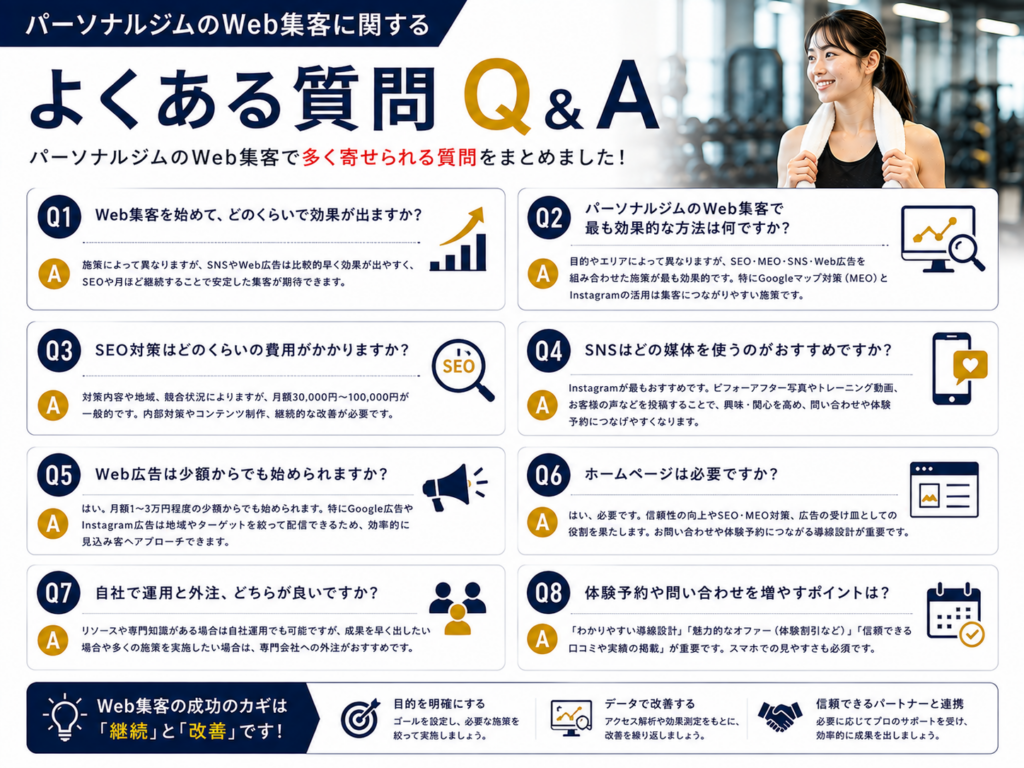 パーソナルジムのWeb集客に関するよくある質問とSEO・MEO・SNS・Web広告の疑問を解説