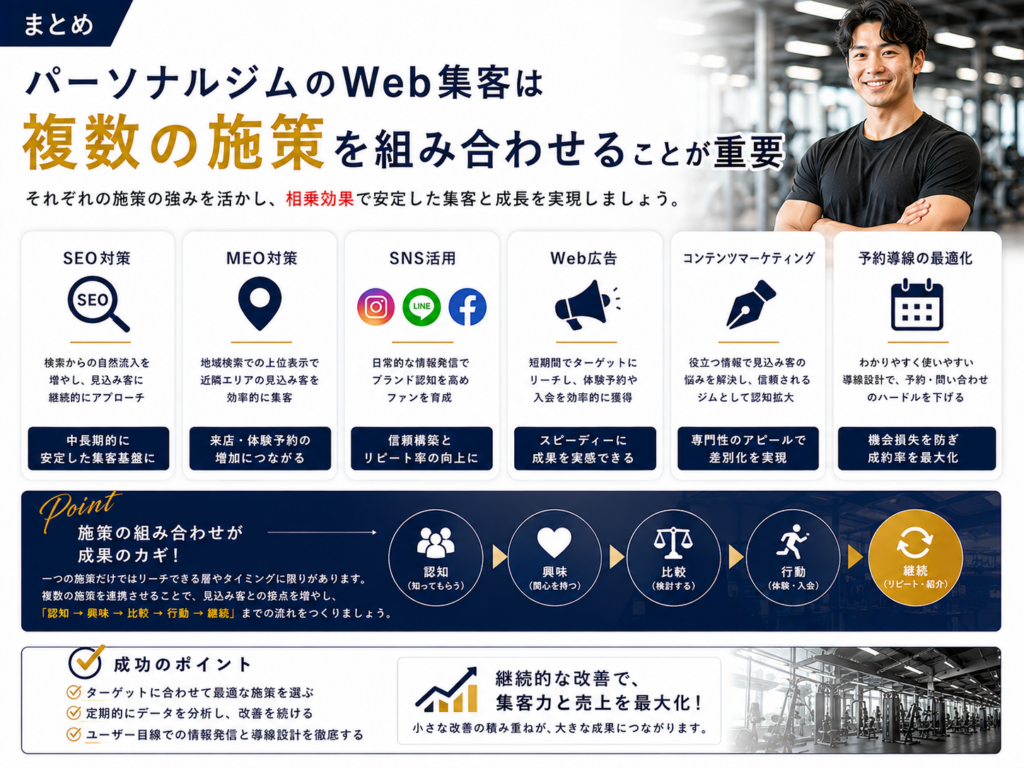 パーソナルジムのWeb集客でSEO・MEO・SNS・Web広告など複数の施策を組み合わせて成果を高める方法