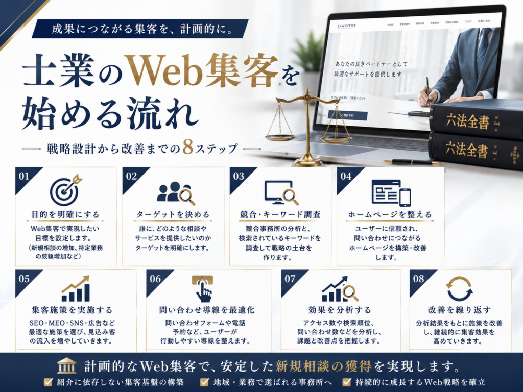 士業のWeb集客を始める流れ｜目的設定・キーワード調査・SEO対策から効果分析・改善までの8ステップ