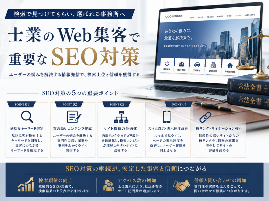 士業のWeb集客で重要なSEO対策｜キーワード選定・コンテンツ制作・内部リンク・スマホ対応で検索上位を目指す方法