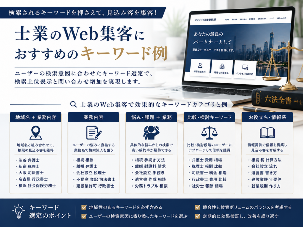 士業のWeb集客におすすめのキーワード例｜地域名・業務内容・悩み・費用など検索意図に合わせたSEOキーワード選定