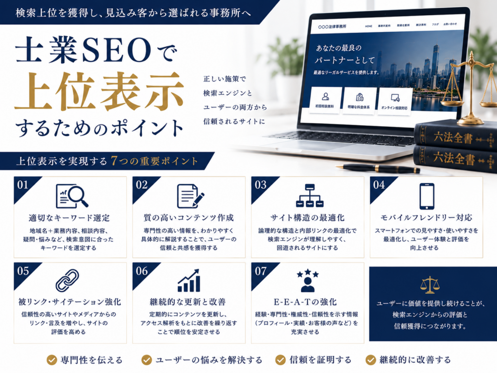 士業SEOで上位表示するためのポイント｜キーワード選定・高品質コンテンツ・サイト構造・E-E-A-Tを強化するSEO対策