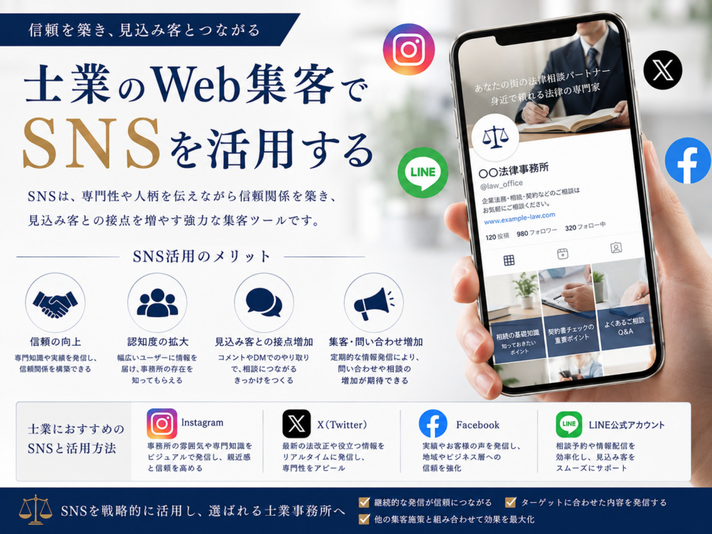 士業のWeb集客でSNSを活用する｜Instagram・X・Facebook・LINEで信頼と問い合わせを増やす方法
