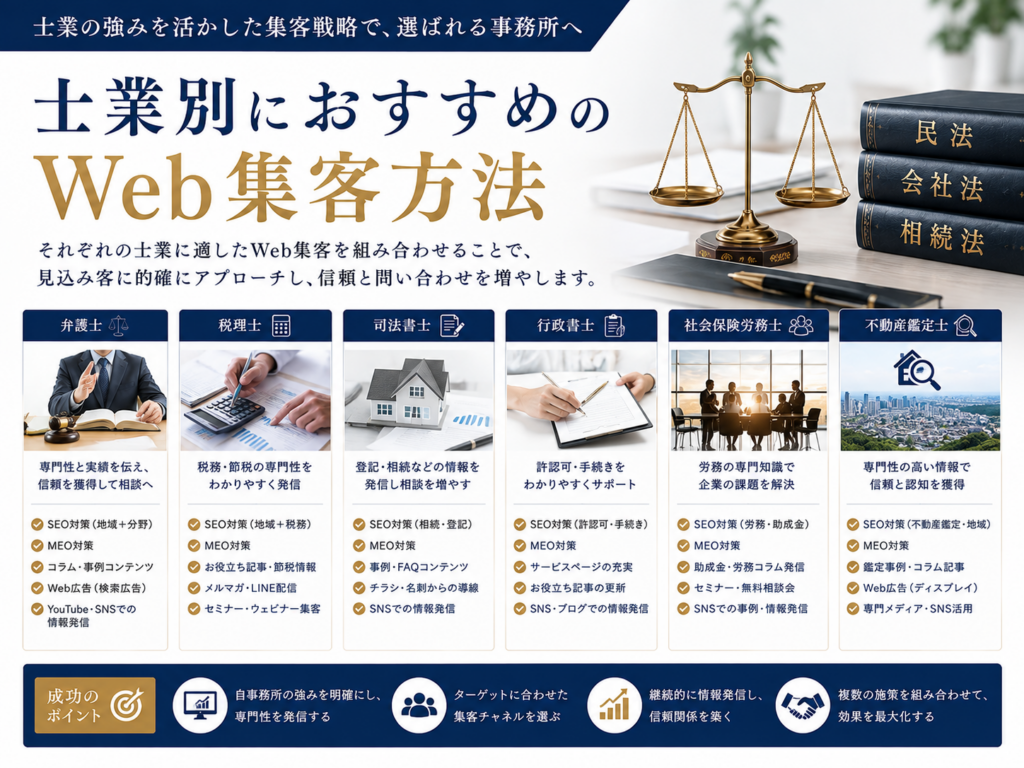 士業別におすすめのWeb集客方法｜弁護士・税理士・司法書士・行政書士・社労士に適したSEO・MEO対策