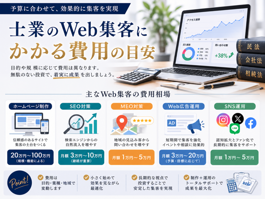 士業のWeb集客にかかる費用｜ホームページ制作・SEO・MEO・Web広告・SNS運用の費用相場