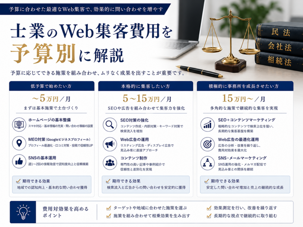 士業のWeb集客費用を予算別に解説｜月5万円・5〜15万円・15万円以上でできるSEO・MEO・広告施策