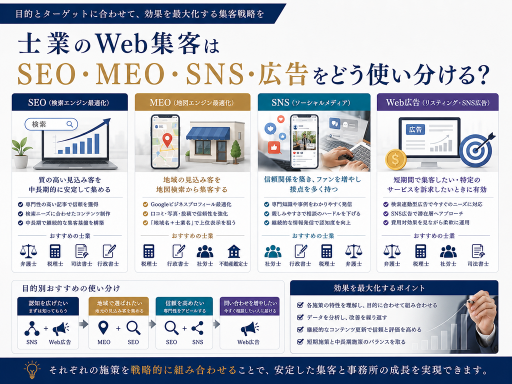 士業のWeb集客はSEO・MEO・SNS・Web広告をどう使い分ける？目的別の集客施策と組み合わせ方
