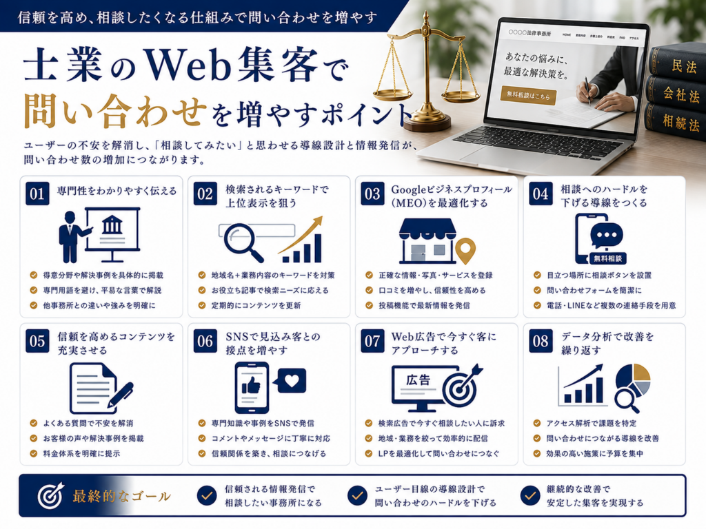 士業のWeb集客で問い合わせを増やすポイント｜SEO・MEO・SNS・Web広告・導線改善で相談につなげる方法
