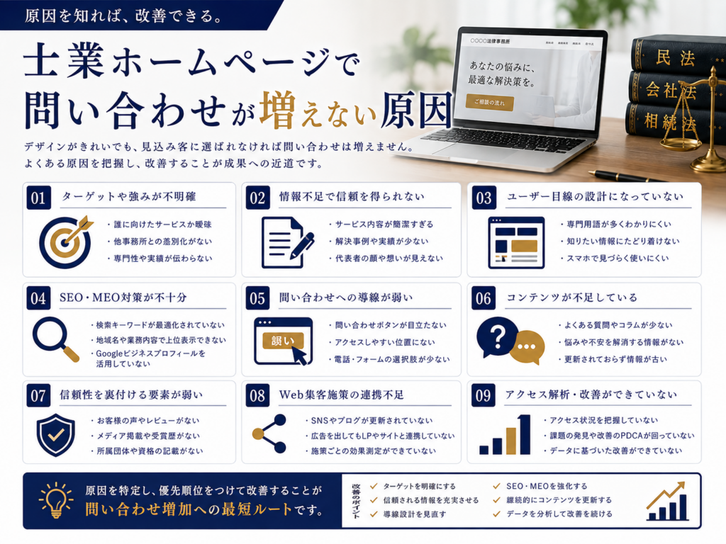 士業ホームページで問い合わせが増えない原因｜SEO・MEO・コンテンツ不足・問い合わせ導線を改善するポイント