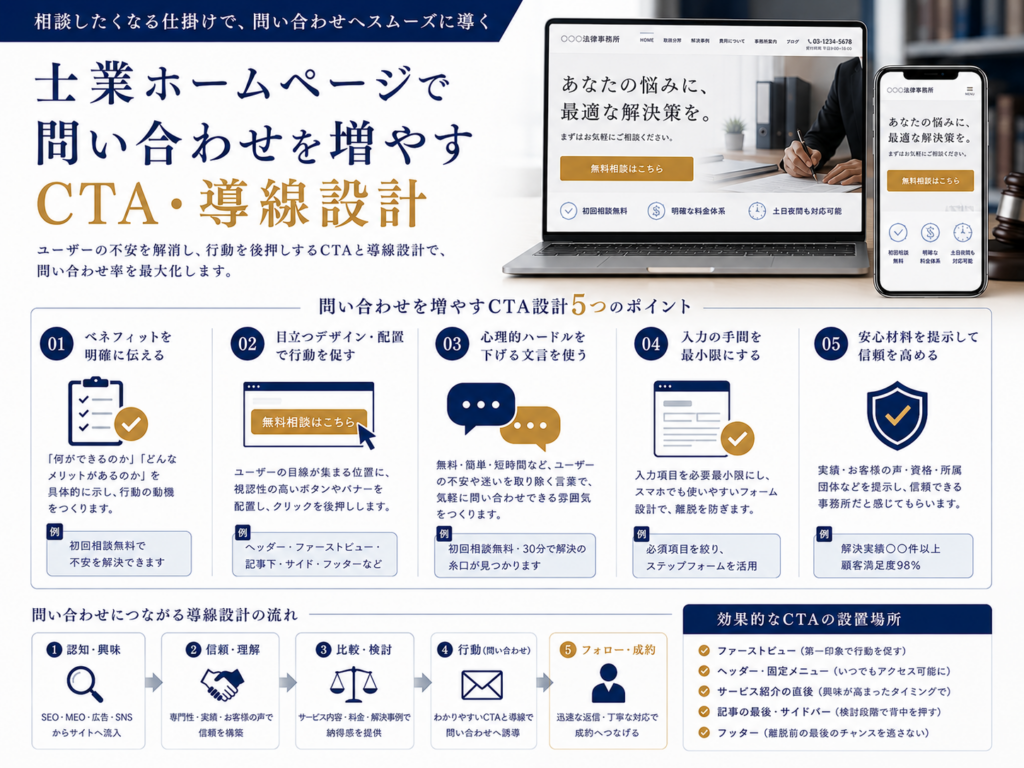 士業ホームページで問い合わせを増やすCTA・導線設計｜無料相談・フォーム・信頼情報で相談につなげるポイント