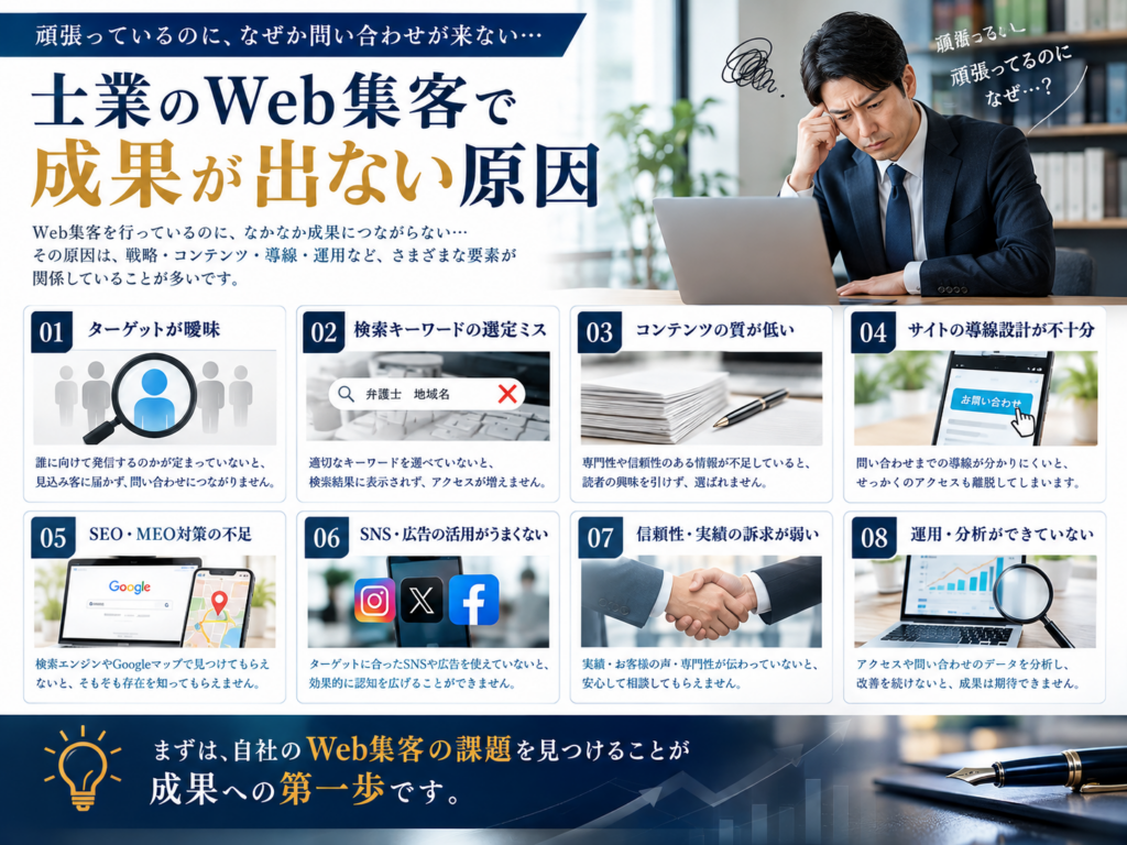 士業のWeb集客で成果が出ない原因｜ターゲット・SEO・MEO・コンテンツ・導線・アクセス解析の改善ポイント