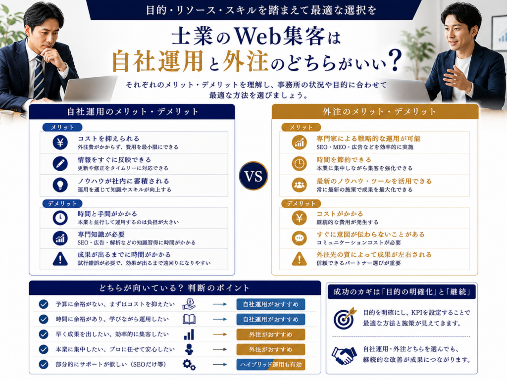 士業のWeb集客は自社運用と外注のどちらがいい？メリット・デメリットと選び方を比較