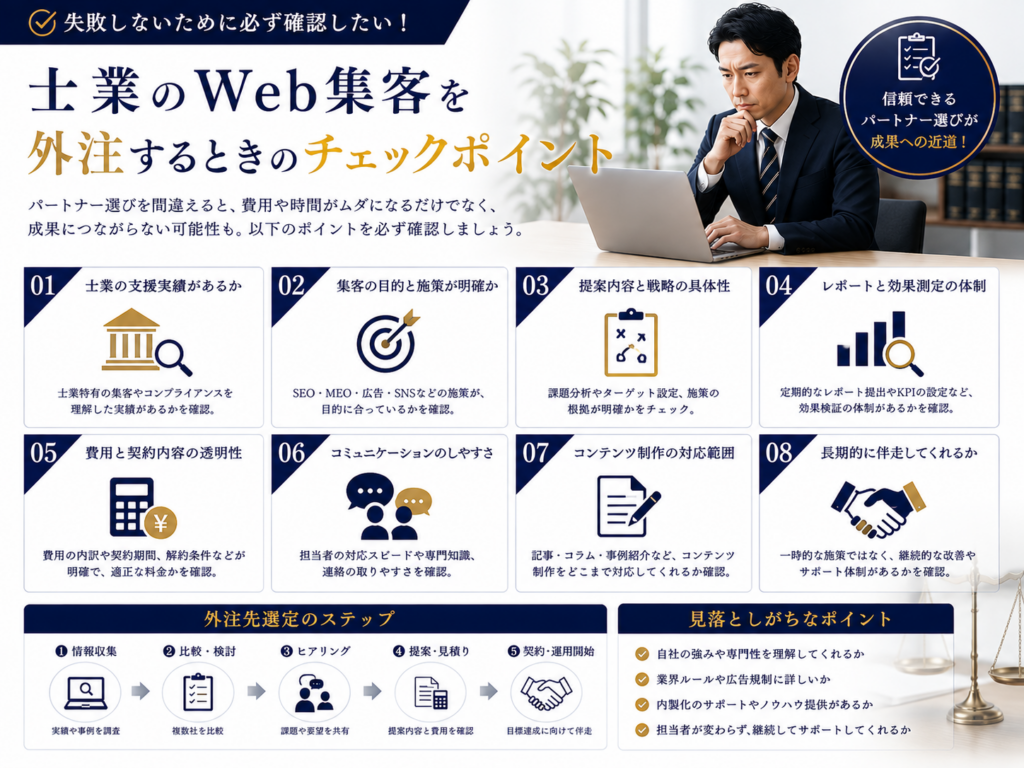 士業のWeb集客を外注するときのチェックポイント｜実績・施策内容・費用・効果測定・サポート体制を確認するポイント