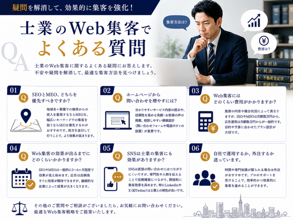 士業のWeb集客でよくある質問｜SEO・MEO・ホームページ・費用・SNS・外注に関する疑問を解説