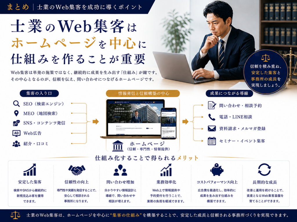 士業のWeb集客はホームページを中心に仕組みを作ることが重要｜SEO・MEO・SNS・Web広告を連携して問い合わせを増やす方法