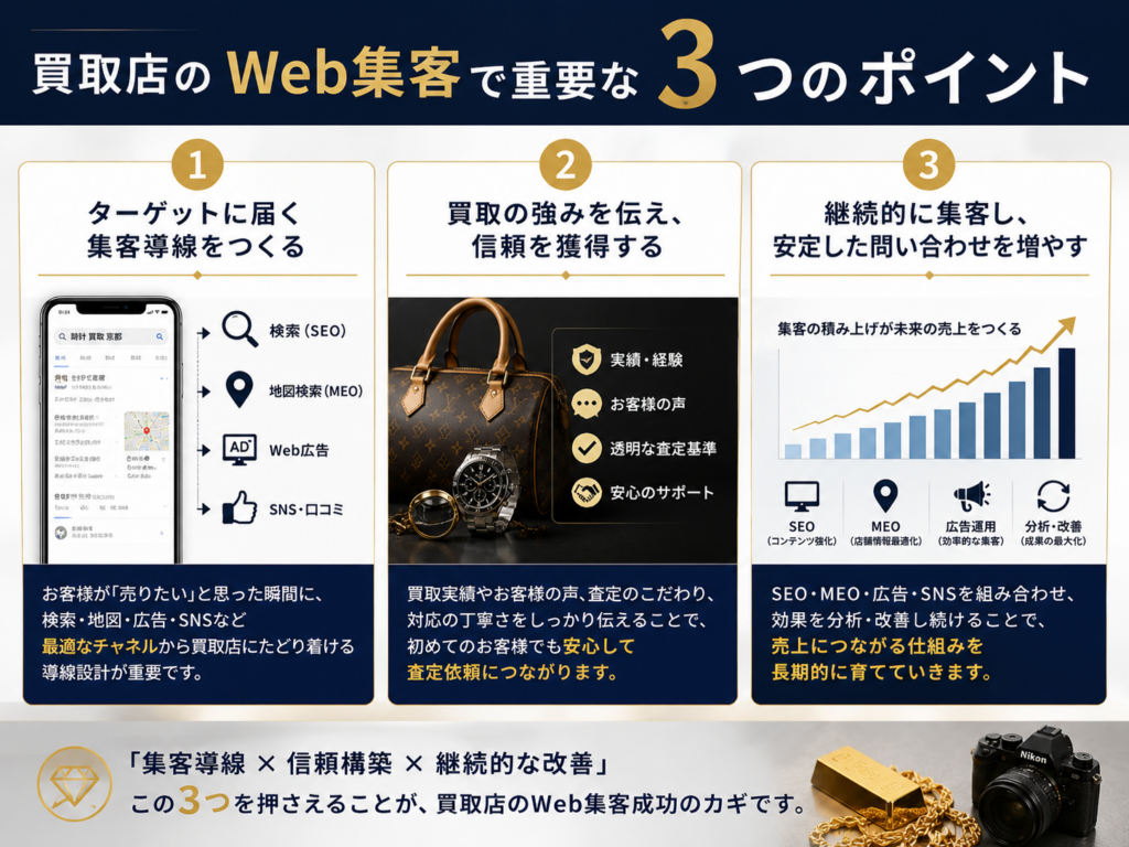 買取店のWeb集客で重要な3つのポイント｜集客導線・信頼構築・継続的な改善