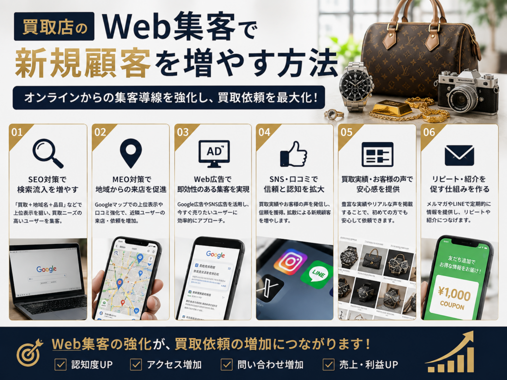 買取店のWeb集客で新規顧客を増やす方法｜SEO・MEO・広告・SNSの集客施策
