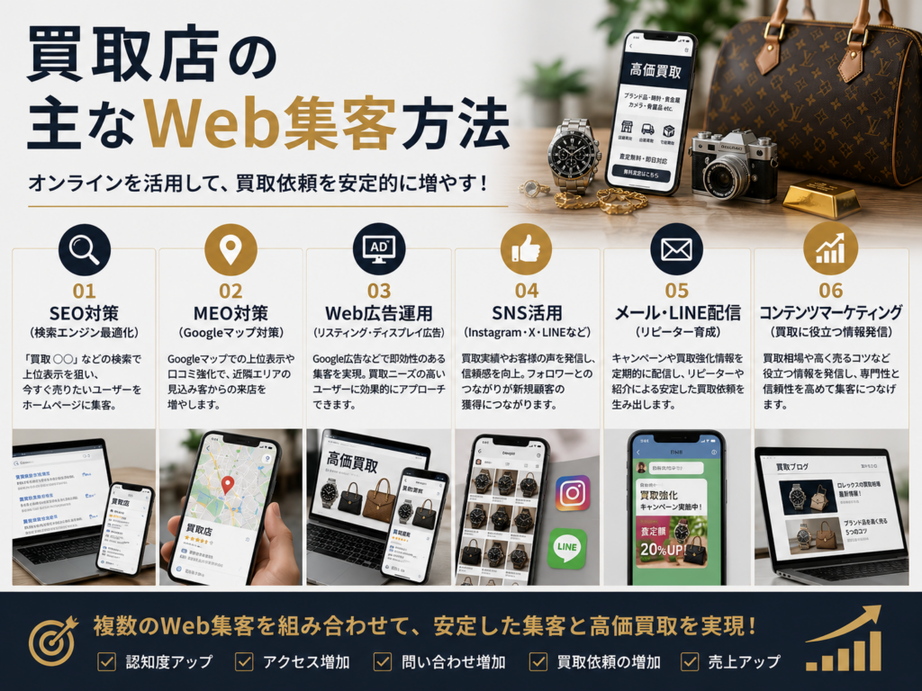 買取店の主なWeb集客方法｜SEO・MEO・Web広告・SNS・コンテンツマーケティング