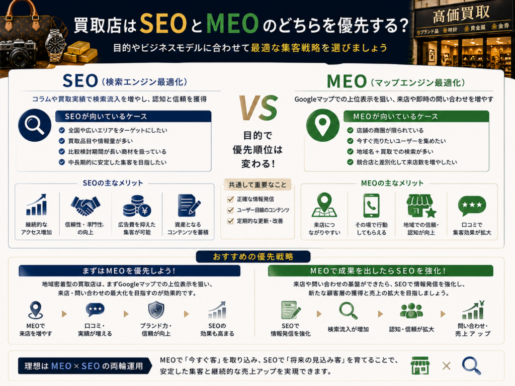 買取店はSEOとMEOのどちらを優先する？集客方法の違いと使い分け