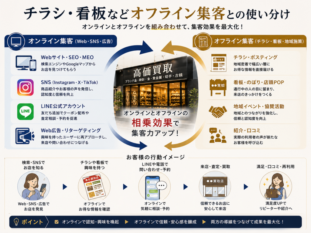 買取店のチラシ・看板などオフライン集客とWeb集客の使い分け