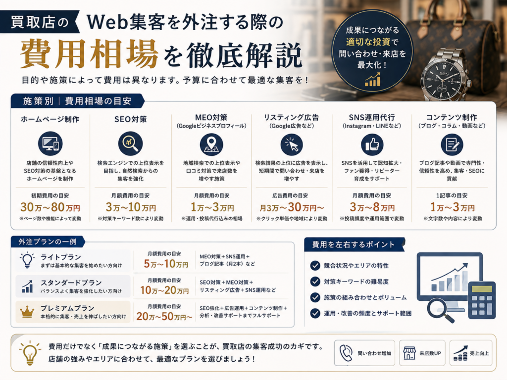 買取店のWeb集客を外注する際の費用相場｜SEO・MEO・広告・SNSの料金目安