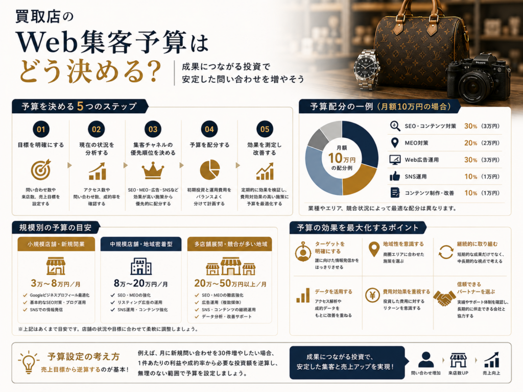 買取店のWeb集客予算はどう決める？SEO・MEO・広告の予算配分と決め方