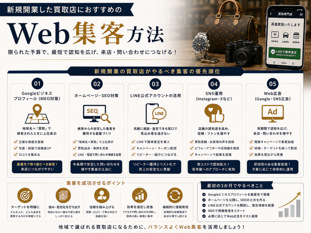 新規開業した買取店におすすめのWeb集客方法｜MEO・SEO・SNS・Web広告の活用