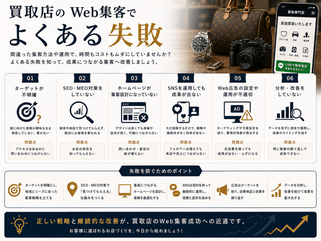 買取店のWeb集客でよくある失敗｜SEO・MEO・SNS・広告で成果が出ない原因