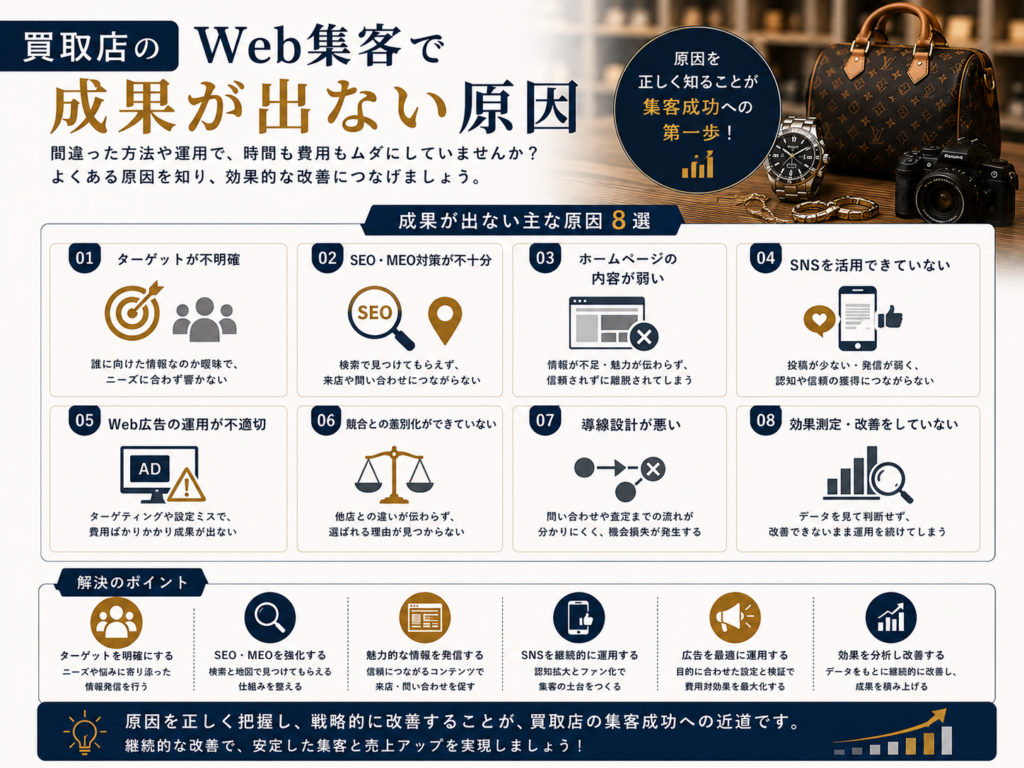 買取店のWeb集客で成果が出ない原因｜SEO・MEO・SNS・広告の改善ポイント