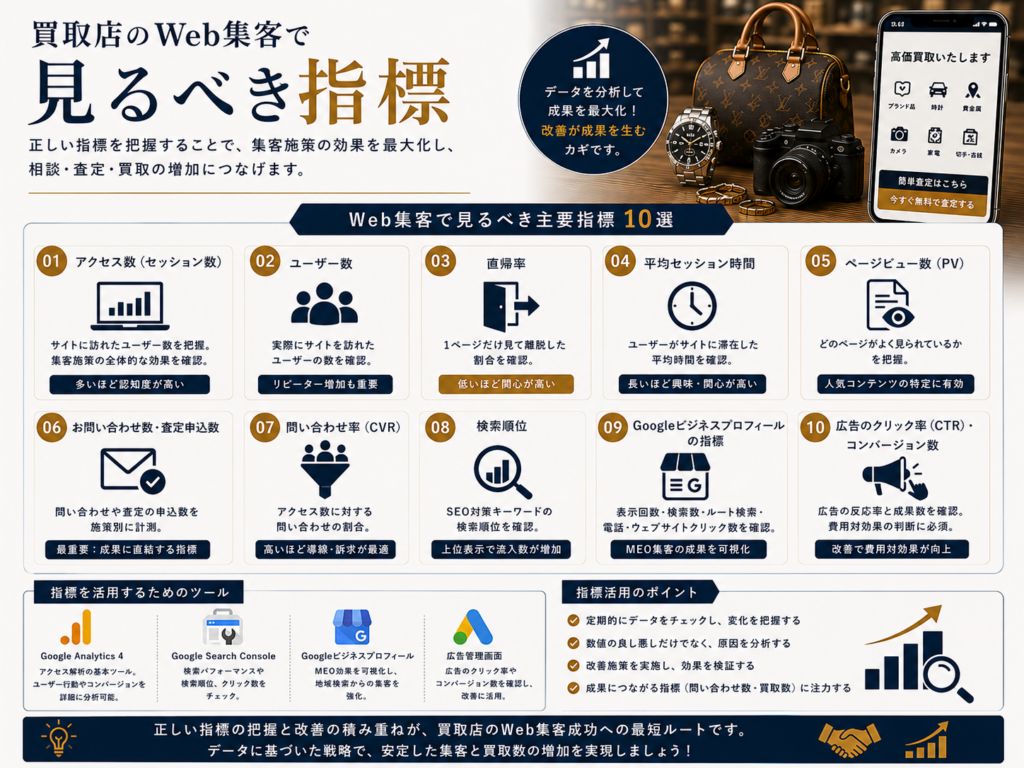買取店のWeb集客で見るべき指標｜アクセス数・CVR・検索順位・MEO・広告効果を分析