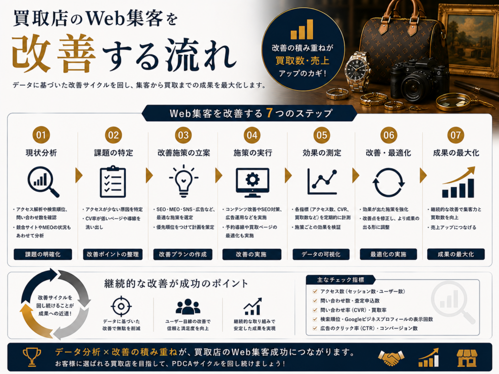 買取店のWeb集客を改善する流れ｜現状分析からSEO・MEO施策、効果測定までの改善手順