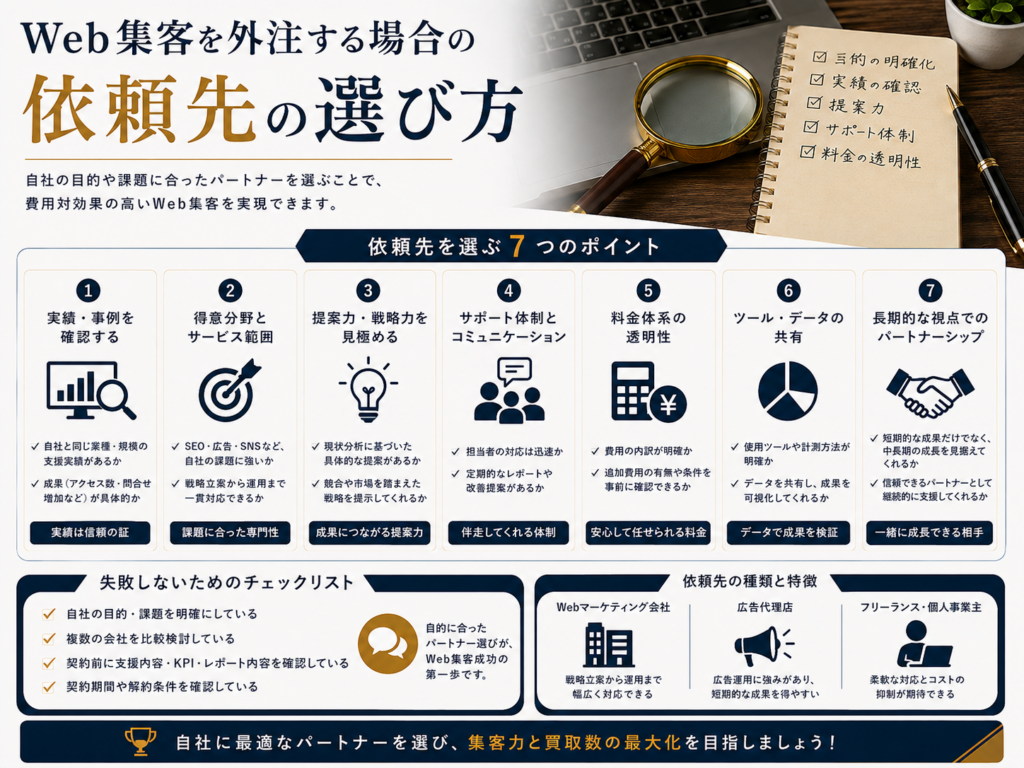 Web集客を外注する場合の依頼先の選び方｜実績・提案力・料金・サポート体制の比較ポイント