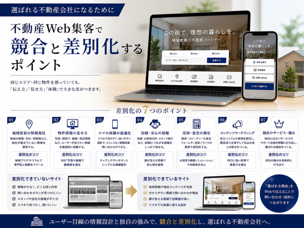不動産Web集客で競合と差別化するポイント｜地域情報・実績・独自の強みを伝えて問い合わせを増やす方法