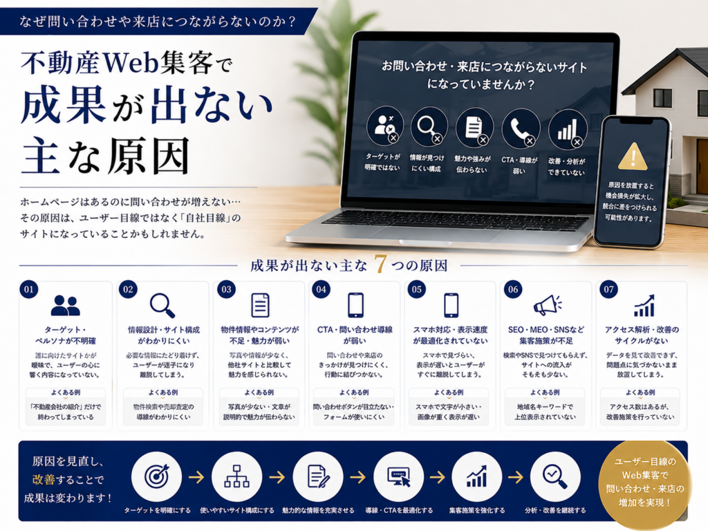 不動産Web集客で成果が出ない主な原因｜SEO・導線設計・スマホ対応・情報発信を見直すポイント