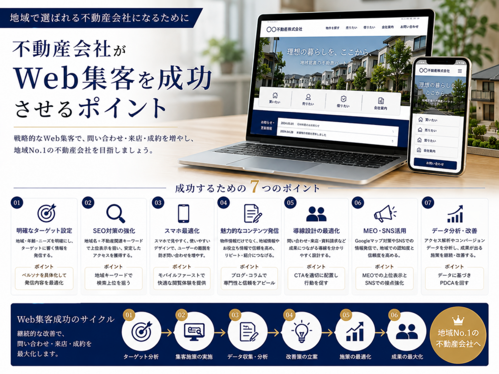 不動産会社がWeb集客を成功させるポイント｜SEO・MEO・SNS・導線設計・データ分析で問い合わせを増やす方法