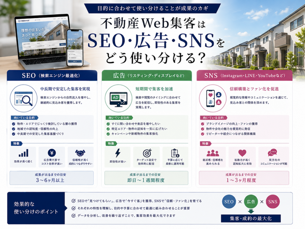 不動産Web集客におけるSEO・Web広告・SNSの使い分け｜目的に合わせて集客効果を高める方法