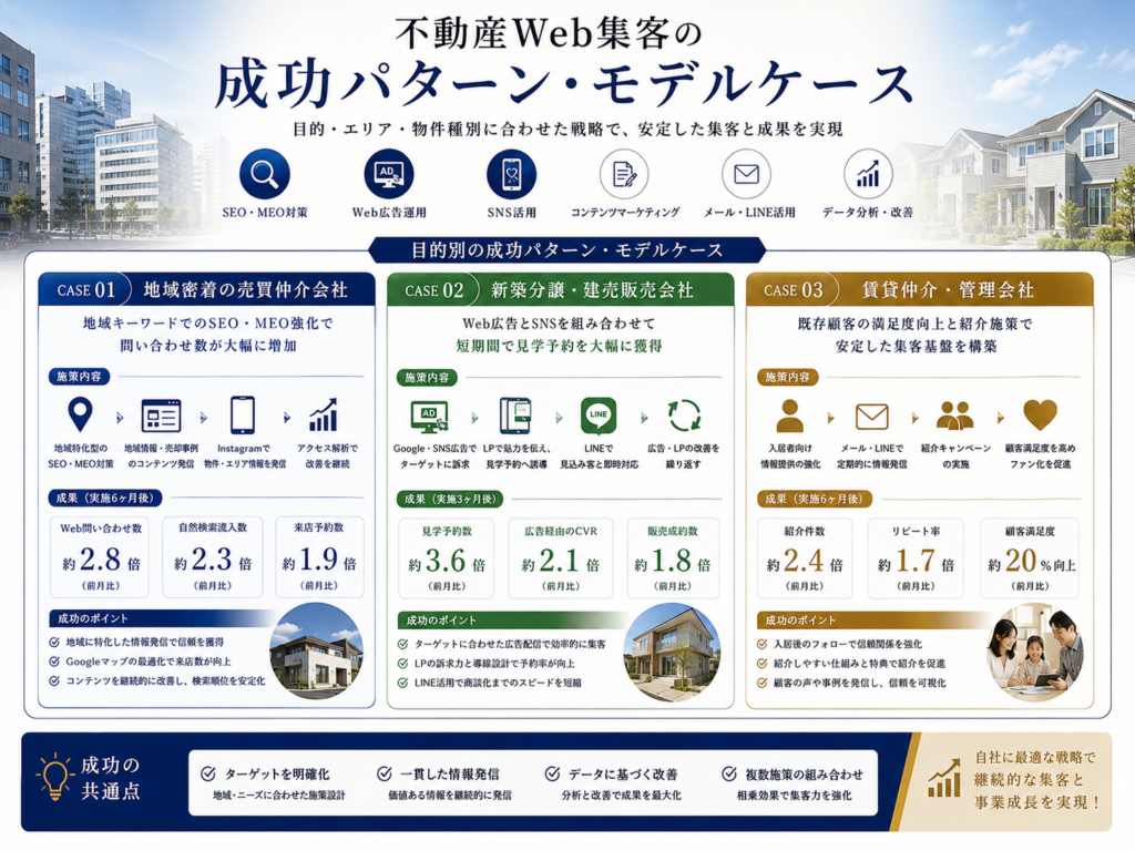 不動産Web集客の成功パターン・モデルケース｜SEO・MEO・Web広告・SNSを組み合わせて問い合わせを増やす方法
