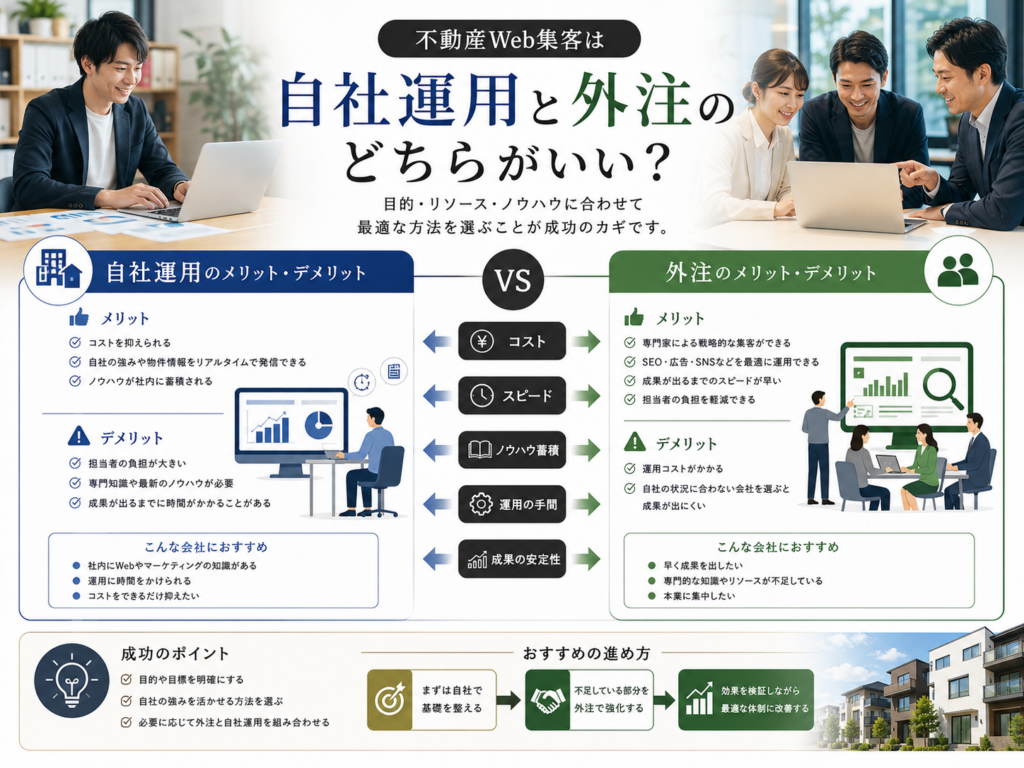不動産Web集客は自社運用と外注のどちらがいい？｜メリット・デメリットと選び方を比較