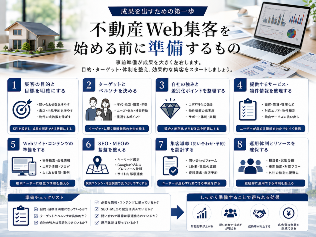 不動産Web集客を始める前に準備するもの｜目的・ターゲット・SEO・MEO・問い合わせ導線を整えるポイント