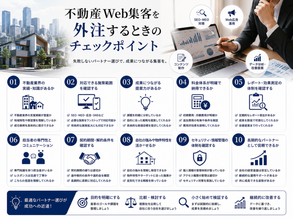 不動産Web集客を外注するときのチェックポイント｜実績・対応範囲・料金・効果測定・サポート体制を確認する方法
