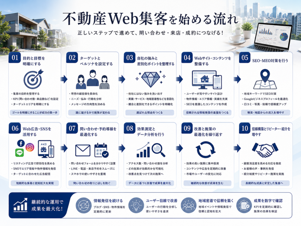 不動産Web集客を始める流れ｜SEO・MEO・Web広告・SNS・問い合わせ導線の改善手順